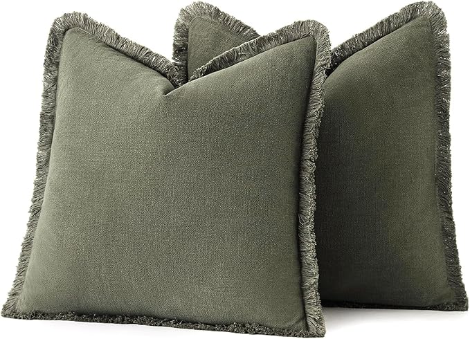 MIULEE Decorative Throw Pillow Covers Neutral Linen Fringe Throw Pillows Set of 2 Olive Green Boho Farmhouse Cushion Covers with Tassels for Couch Sofa Bed Living Room Spring Home Decor 16x16 Inch