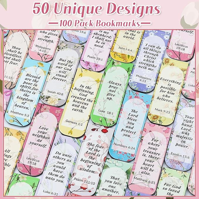 100 Pack Flower Bible Magnetic Bookmarks Christian Magnet Bookmark Clips for Women Men Book Lovers Bible Page Markers for Teachers Students Reading School Office Home, Printing on 2 Side
