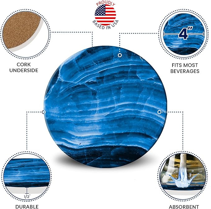 Emerson Coasters for Drinks Absorbent – Dining Table Set of 6 with Holder, 100% Ceramic Wooden Tabletop Protection Marble Style - Non Slip & Cork Bottom - Heavy Duty (Blue Stone)