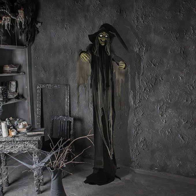 Haunted Hill Farm 9.5-Ft. Animatronic Witch, Indoor or Covered Outdoor Halloween Decoration, Prop With Light-up White Eyes, Poseable and Battery Operated Fright Prop for Home