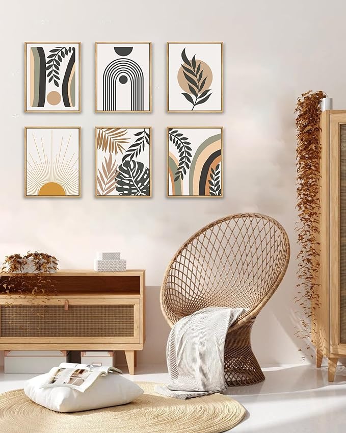 Drsoum Boho Wall Art Framed Boho Wood Wall Decor Mid Century Modern Canvas Wall Art Minimalist Abstract Boho Room Decor Bohemian Moon Phases Wall Painting For Bedroom Kitchen Office Home Decor 8x10in