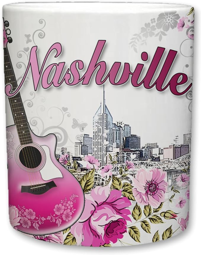 Sweet Gisele | City of Nashville Ceramic Mug | Coffee Cup | Downtown Skyline Background | Music City Theme | Pink Guitar & Floral Pattern Foreground | Great Novelty Gift | 11 Fl. Oz (Pink/Grey)