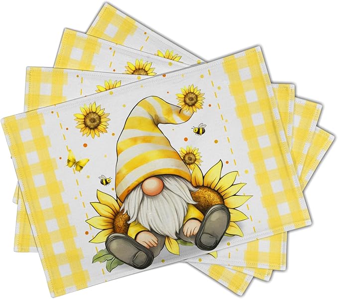 Summer Gnome Sunflowers Placemats Set of 4, Honey Butterfly Yellow White Buffalo Check Plaid Dining Table Place Mats 12 x 18 Inch Summer Seasonal Farmhouse Kitchen Home Decor