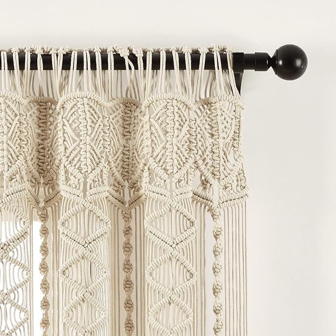 Lush Decor Boho Macrame Textured Cotton Window Curtain Panel, 40" W x 95" L, Neutral Room Divider - Wedding Or Wall Decor