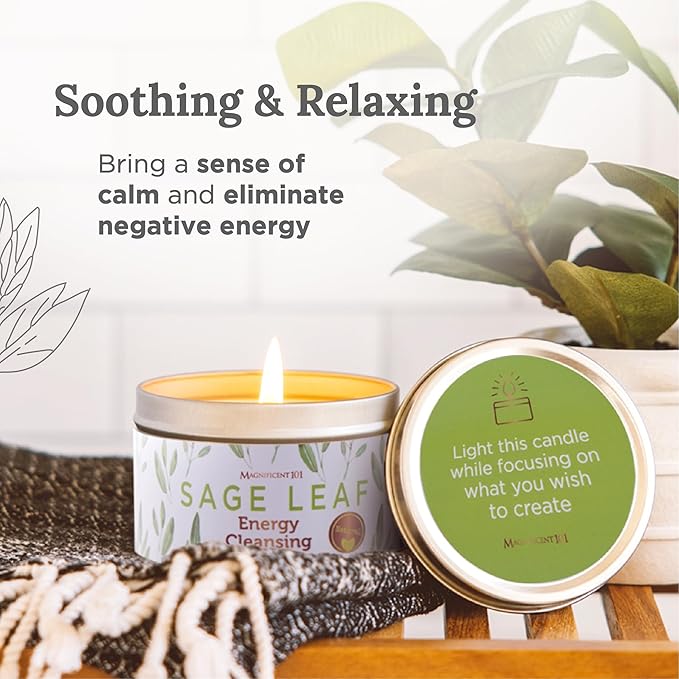 Magnificent 101 Long Lasting Pure White Sage Leaf Scented Smudge Candle | 6 Oz - 35 Hour Burn | Paraffin Free Soy Candle for House Energy Cleansing, Purification & Manifestation
