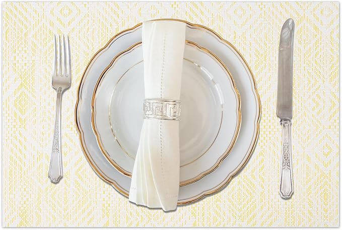 Vinyl Plastic Placemats Set of 6 Washable Heat Resistant Non-Slip Elegant Indoor Outdoor Kitchen Dining PVC Woven Table Place Mats (Yellow Squares)