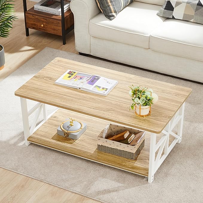 GreenForest Coffee Table with Round Corner, Farmhouse Center Table with 2-Tier Storage Shelf X-Frame Design for Living Room, 39 inch Oak