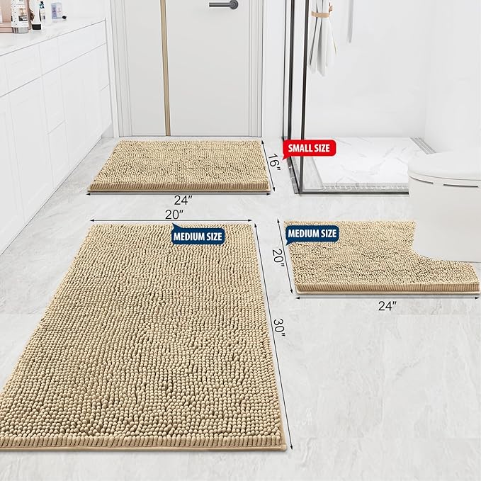 Smiry Luxury Chenille Bathroom Rugs 70x24, Extra Soft and Absorbent Shaggy Bath Mat, Machine Washable, Non-Slip Plush Carpet Runner for Tub, Shower, and Floor, Home Decor Accessories, Beige