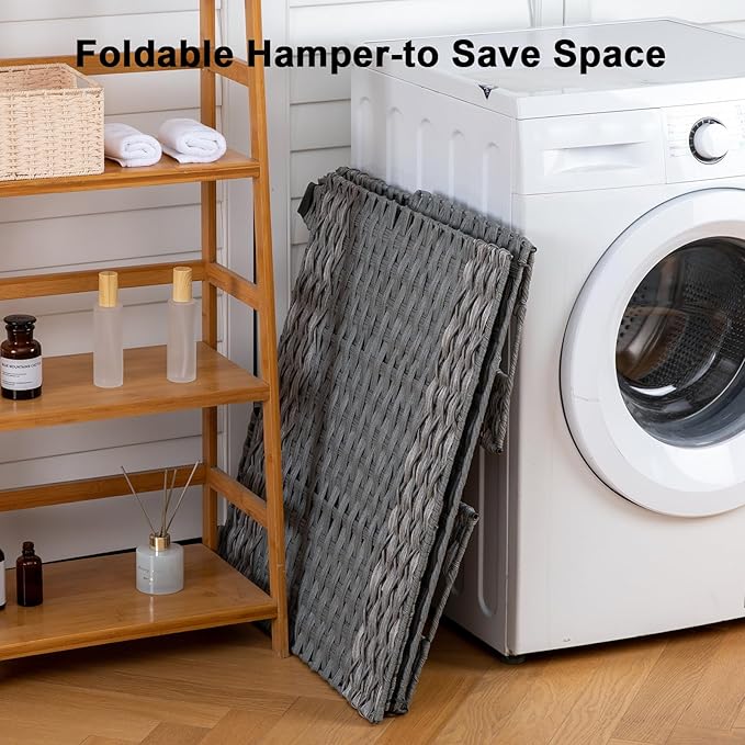 OIAHOMY Laundry Hamper with Lid, 140L Synthetic Rattan Clothes Hamper with Handles, Handwoven Large Laundry Basket with 3 Removable Liner Bags, Foldable, Laundry Room, 27*13*26 Inches, Gradient Grey