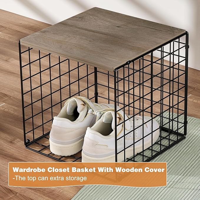 4-Tier Stackable Closet Organizers and Storage Basket, Shelves with Wood Top, Foldable Clothes Storage Bin/Cube Drawer Organizer for Wardrobe, Space-Saving, Closet Organization,Black(Patent Pending) ๏ปฟ