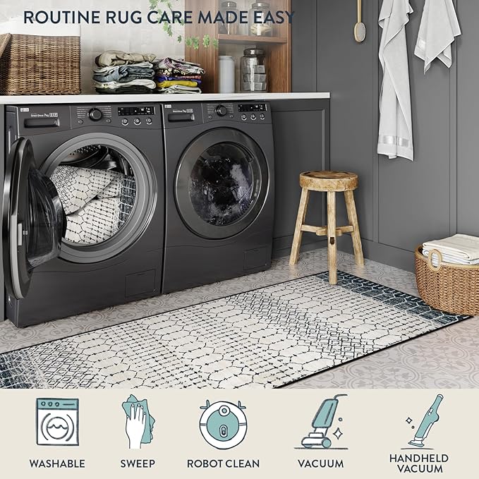 Lahome Moroccan Hallway Runner Rug, Washable Black 2x8 Rug Runner Ultra-Thin Stain Resistant Kitchen Carpet with Rubber Backing Non Slip, Geometric Print Floor Carpet Mat for Entryway Bedroom