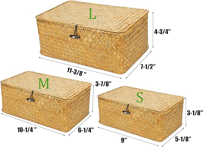 Yesland Shelf Baskets with Lid Set of 3, Handwoven Seagrass Storage Bins Box Rectangular Seagrass Basket Storage Organizer Wicker Basket for Shelf