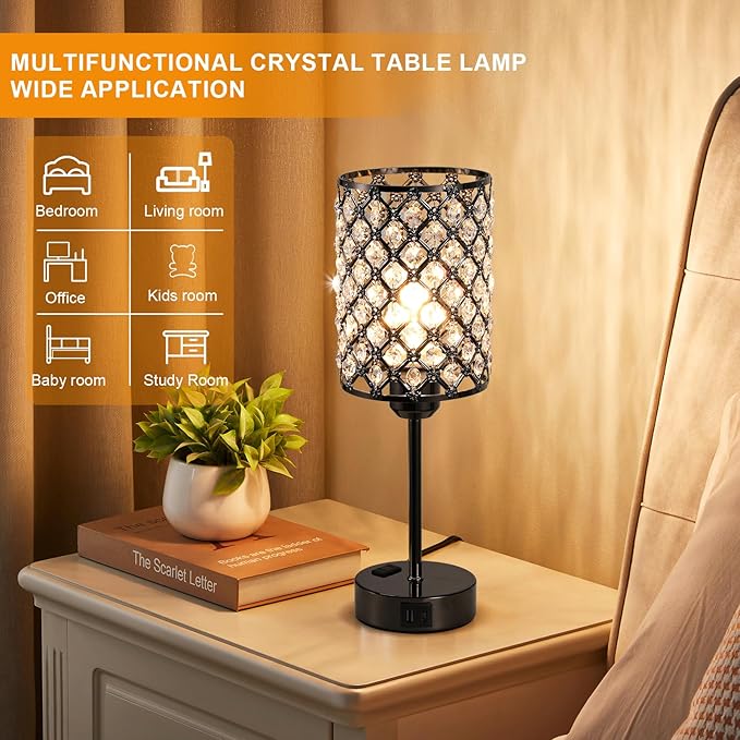 Hong-in Black Table Lamps Set of 2-3-Way Dimmable Nightstand Desk Lamp with USB C and A Ports and AC Outlet,Modern Bedside Table Light for Bedroom(Bulbs Included)