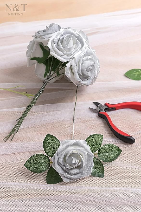 N&T NIETING Artificial Flowers, 50pcs Fake Flowers Roses with Stem for DIY Wedding Bouquets Centerpieces Bridal Shower Party Home Decoration, Silver White