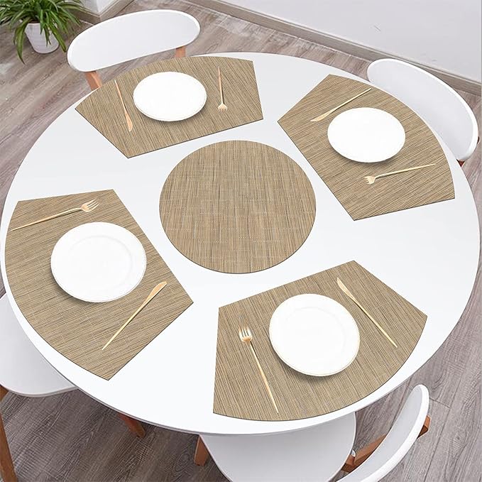 SHACOS Large Size Wedge Placemats with Centerpiece Mat Set of 5, PVC Woven Vinyl Placemats for Round Table Washable Indoor Outdoor Table Mats Reversible Durable, Tan
