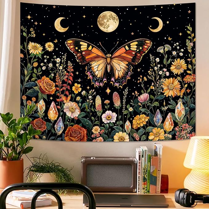 Lunerfex Boho Butterfly Tapestry Flower Moon Wall Tapestry, Moon Phases Tapestries for Bedroom Cute Tapestries Wall Hanging for Bedroom Living Room Wall Decor Butterfly-2 44"x60"