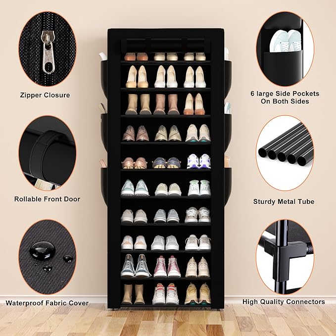 Large Shoe Rack, Black, 6 Side Pockets, 23.6" Wide x 11.4" Deep x 68.9" Tall, 36-41 Pairs of Shoes