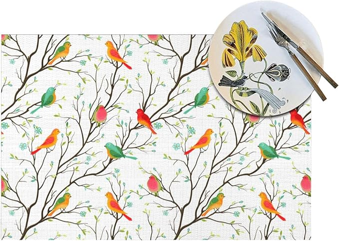 Birds on Tree Placemats Set of 4 Linen Decorative Table Mat for Dining Table Kitchen Farmhouse Outdoor Spring Summer Home Decor 12"x18" Cute Birds Place Mats