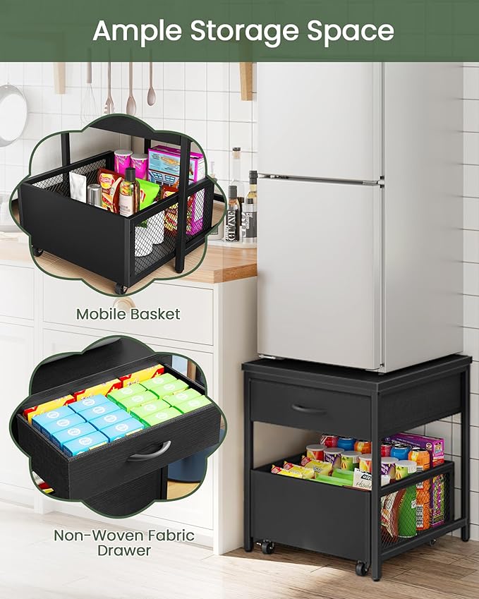 End Table, 19.7 Inch Square Side Table, Mini Fridge Stand with Storage, Nightstand with Mobile Basket Cart, for Living Room, Bedroom, Black TBZ55BB
