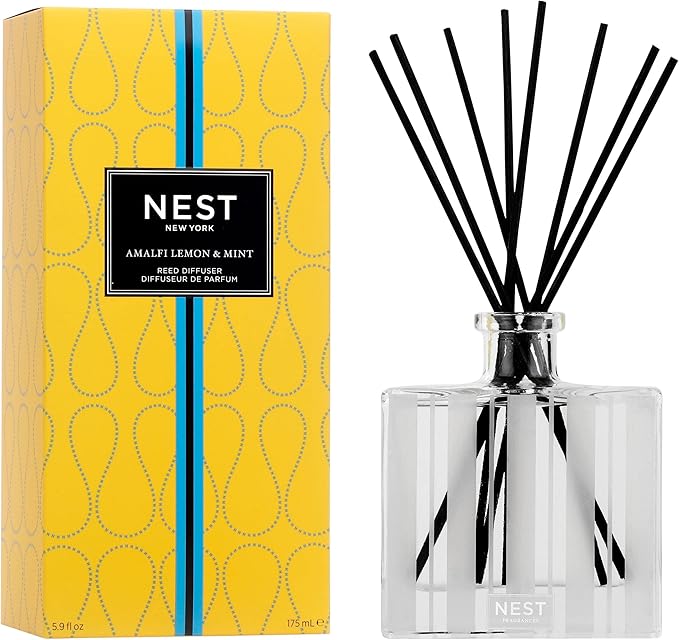 NEST New York Reed Diffuser, Amalfi Lemon & Mint - 5.9 fl oz - Fragrance for Up to 90 Days - Reusable, Refillable Glass Holder - Includes 8 All-Natural Reed Sticks - Flame Free