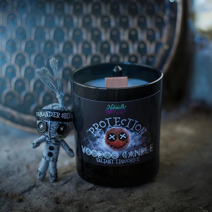 Naturally Wicked Voodoo Protection Candle Set - Inc. Voodoo Doll, Crystal, Wood Wick, Valiant Liquorice Scent & Gift Box