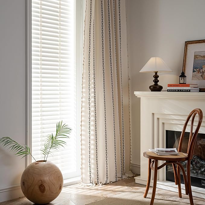 Sutuo Home Boho Farmhouse Curtains 72 Inches Long for Living Room Bedroom Bohemian House Drapes Country Style, Textured Stripe Embroidery Privacy, White and Black 1 Panel W52 x L72