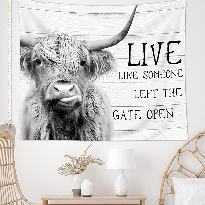 AMBZEK Funny Highland Cow Tapestry 51Hx59W Inch Rustic Farmhouse Western Inspirational Quotes Wood Bull Cattle Barn Farm Animal Wildlife Country Art Wall Hanging Bedroom Living Room Dorm Decor Fabric
