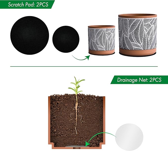 D'vine Dev Set of 2 Terracotta Pots, Leaves Pattern Planter Pot, 4 Inch and 6 Inch, Pot with Drainage Hole and Saucer, Terracotta/Black, 31-958-I-2
