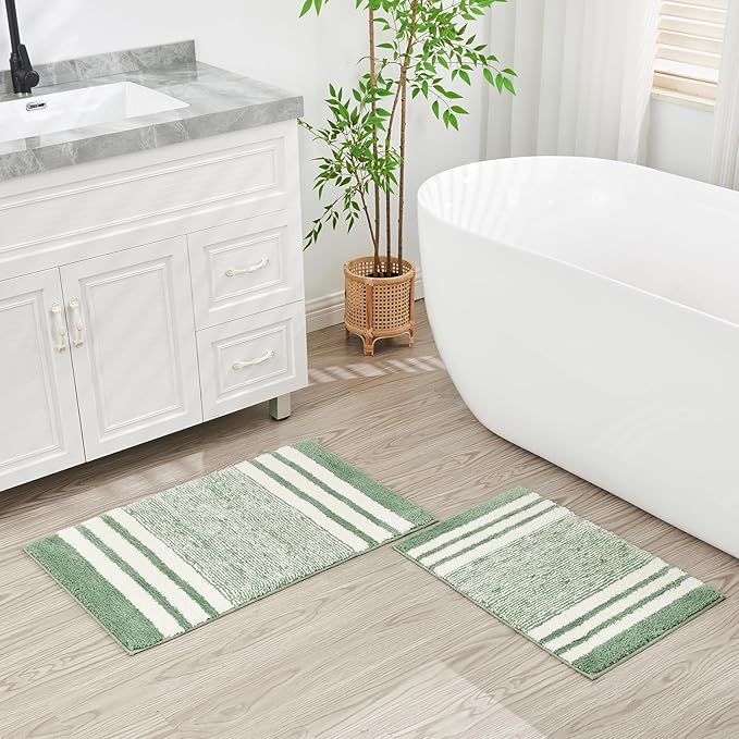 CozeCube Sage Green Striped Bath mats for Bathroom Non Slip, Fluffy Absorbent Microfiber Bath mat Washable, Aesthetic Bathroom Rugs, Cute Bath mat for Sink, 20" x 32"