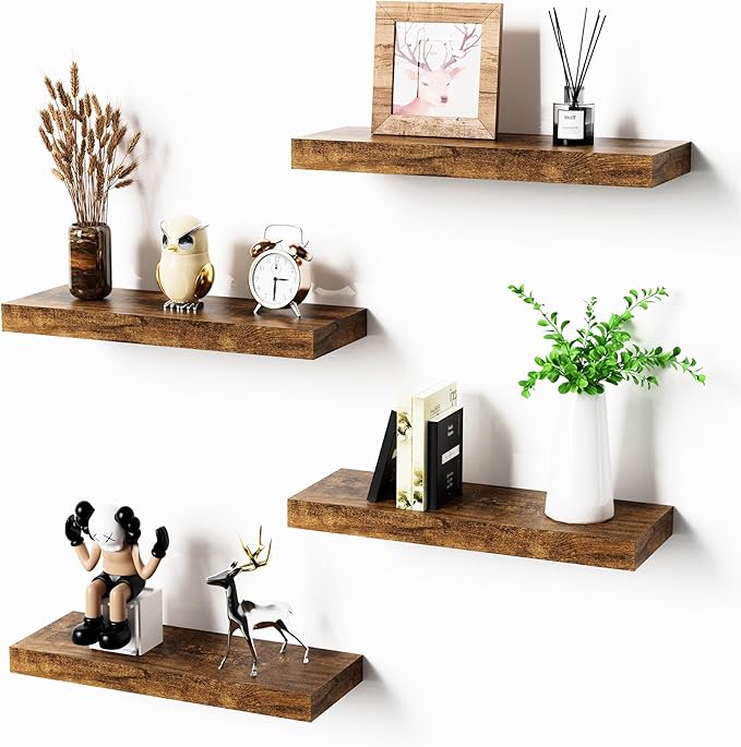Bellsal Floating Shelves for Wall, Rustic Brown Wood Wall Shelf Set of 4, 16" Wall Mounted Floating Shelf for Kitchen