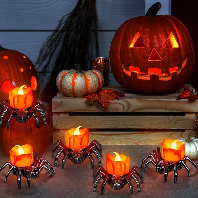 12 PCS Halloween Tea Lights Candles, Battery Operated Halloween's Flameless LED Candles, Spider Tealights Spooky Electric Flickering Fake Candle for Halloween Party Decorations