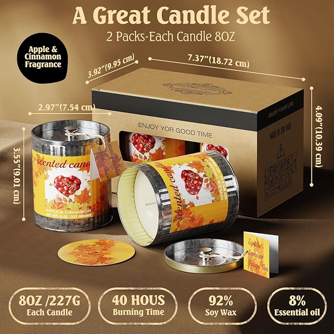 Vintage Scented Candles Gift Set (2 x 8 oz) - Apple & Cinnamon Aromatherapy Candle, Natural Soy Wax Candle, (2 x40) Hours Burn, 8% Fragrance Oil, Holiday Gifts for Home Decor, Relaxation & Christmas