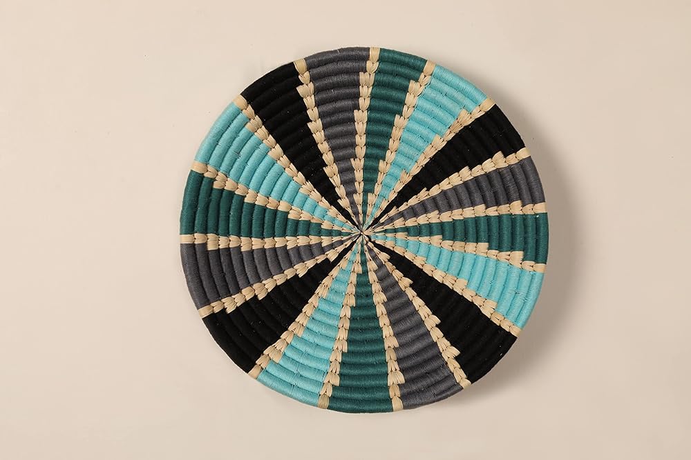 Set of 5 Round Boho Hanging Wall Basket Home Decor for Bedroom, Kitchen, Farmhouse Handmade Decorative Unique Indian Wall Decor Woven Wicker Baskets Christmas Gifting (Green Blue, Vivid)