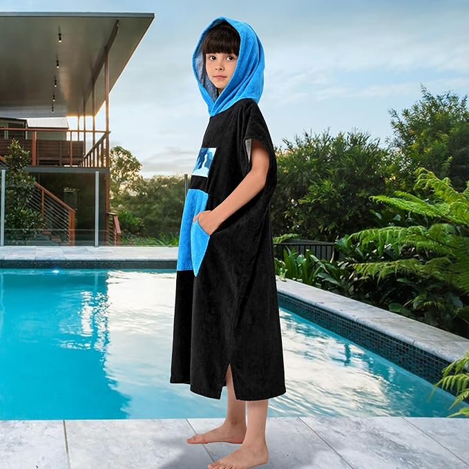 VOOVA & MOVAS Black Changing Robe for Teens,8-14Yearsï¼Thick 100% Cotton, Absorbent Hooded Towels for Girlsï½Boys,Surf Poncho for Pool, Beach, Bath,Swim