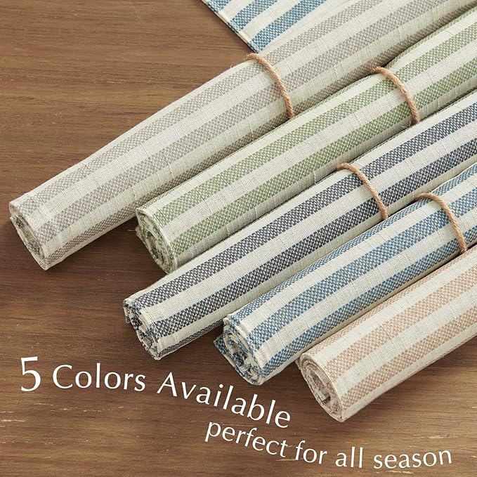 JINCHAN Linen Striped Placemats Set of 4 Farmhouse Cloth Place Mats Durable Table Mats Soft Washable Placemats for Kitchen Dining Table Double Layer Heat Resistant Tablemats 13x19 Inch Blue