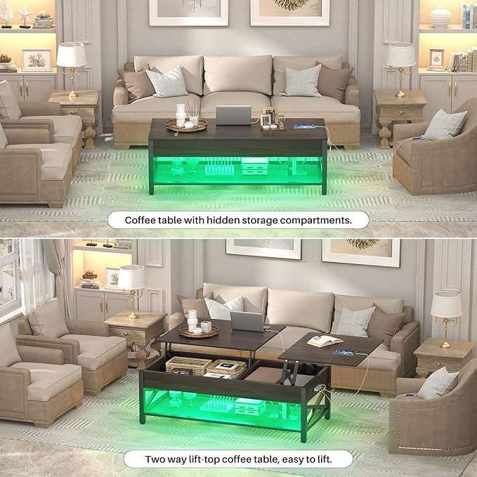 Aheaplus Coffee Table, Lift Top Coffee Table with LED light and Power Outlet, Modern Lift-Top Table with Storage Shelf, Center Table for Living Room with Lift Tabletop, X Support Metal Frame, Espresso