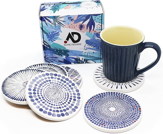 AD Set of 6 Coasters for Drinks Absorbing Round Ceramic Stone Coaster with Cork Base,Tabletop Protection Mat for Mugs and Cups,Office,Kitchen (Bloom Abstract with Holder)