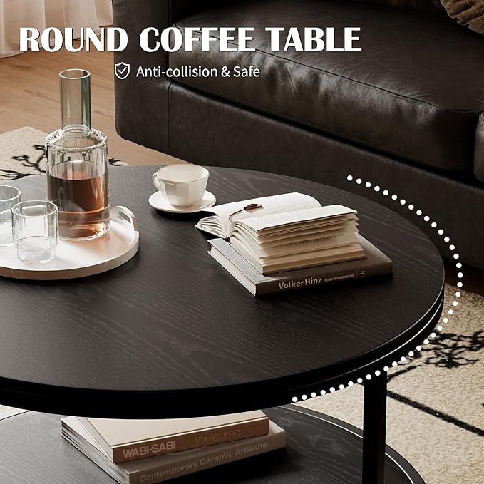 JUMMICO 36" Coffee Tables with Storage, 2-Tier Round Coffee Table, Center Table for Living Room, Furniture for Small Spaces, Black