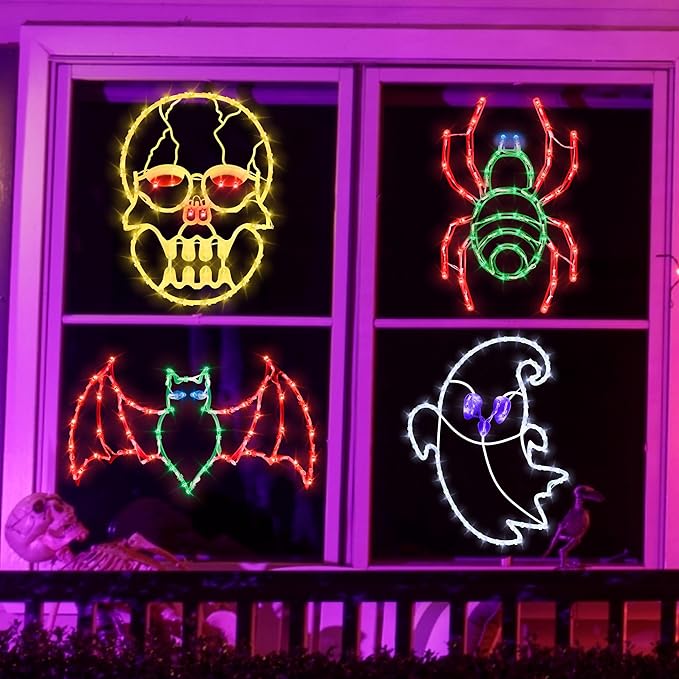 Halloween Window Lights - 16" Halloween Window Silhouette Holiday Displays - 4 Pack Colour Lighted Bats & Ghost & Spider & Skull Head for Holiday Indoor and Outdoor Wall Door Window Decorate