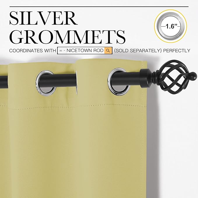 NICETOWN Thermal Insulated Paler Yellow Blackout Curtains for Bedroom, Set of 2, 70 by 63 inches Long, Window Treatment Solid Grommet Room Darkening Drape Panels for Bedroom