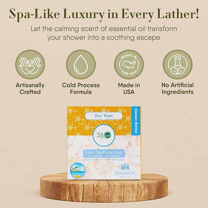 360Feel Bay Rum Soap - Handcrafted Castile Soap Bar with Spicy Scent - Handmade with Bay Rum Essential Oil for Men - A Gift for Anniversaries, Weddings, and Holiday Stockings - Rich Lather - 5 Ounce