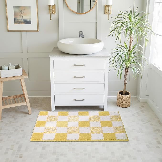 GRANNY SAYS Checkered Yellow Bathroom Rugs, 32" x 20", Non-Slip Bath Mats for Bathroom, Plush Shag Absorbent Microfiber Ultra Soft Bath Mat, Cute Washable Rug for Tub, Shower, Bedroom