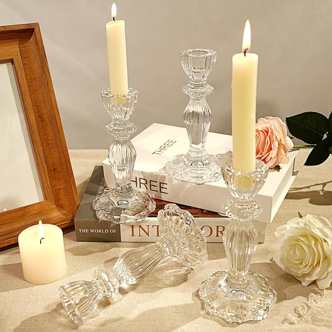 6.2" Tall Glass Candle Holder Set of 3 Taper Candle Holders for Candlesticks Clear Crystal Glass Candlestick Holders Candle Sticks Holder Decor for Wedding, Birthday, Thanksgiving,Housewarming