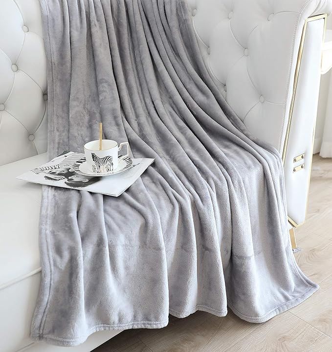 TASTHROW Large Flannel Fleece Throw Blanket, 50×70 Inch - Cozy Lightweight Thick Blanket - All Seasons Suitable for Women, Men and Kids (Two Pack, Light Grey)