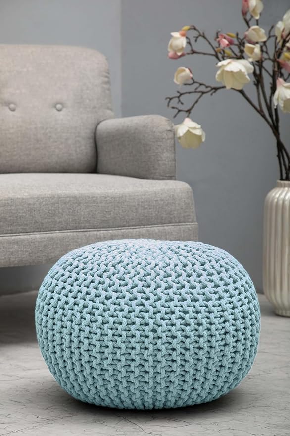 COTTON CRAFT Round Pouf - Hand Knitted Cotton Braid Cord Cable Dori Ottoman - Foot Stool - Floor Pouf Footrest Accent Seat Furniture Bean Bag - Living Room Kids Nursery Dorm Décor - 20x14 - Light Blue