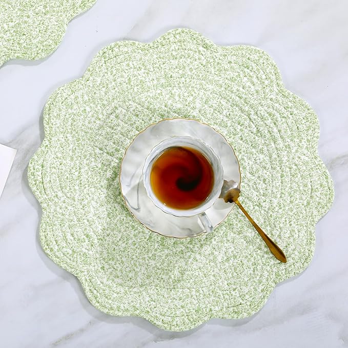 HOMBYS Quilted Placemats Set of 6 Washable Round Placemats for Kitchen Table-100% Cotton Fabric 13 Inch Round Table Mats, Cotton Fabric with Microfiber Filling, (13"x13", White & Green Flower)
