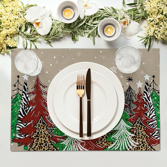 Watercolor Xmas Tree Placemats for Dining Table Set of 4, 12 x 18 Inch Winter Snowflake Heat Resistant Xmas Linen Dining Table Mats for Home Kitchen Tabletop Decoration