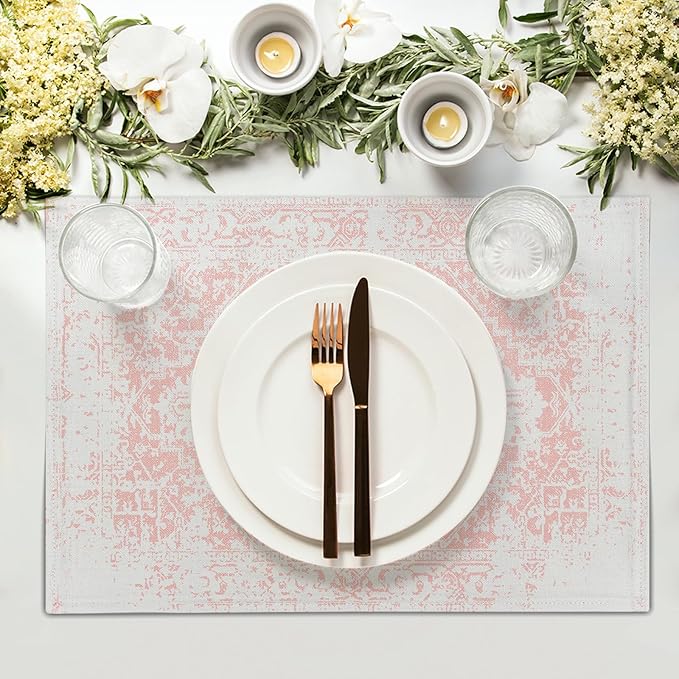 Gray Pink Boho Placemats Set of 6 Ethnic Bohemian Carpet Place Mats Washable Kitchen Dining Vintage Grey Geography Floral Linen Table Mats Stain Heat-Resistant for Home Party Indoor 12x18 in