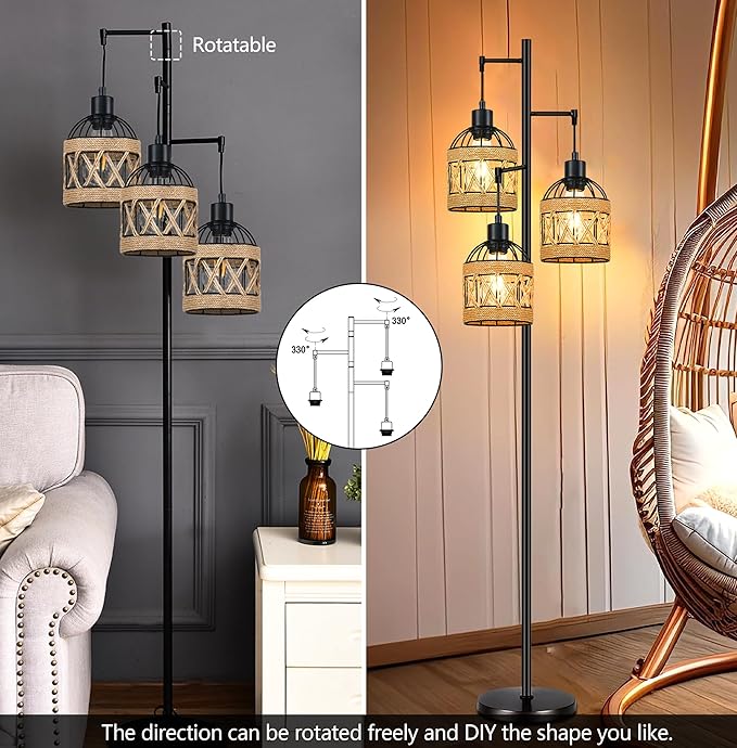 Floor Lamp for Living Room,Bedroom,3-Lights Boho Rattan Tree Floor Lights,Industrial Black Farmhouse Standing Lamp Wicker Rustic Tall Lamp,Woven Bamboo LampShade Floor Lamps Bohemian