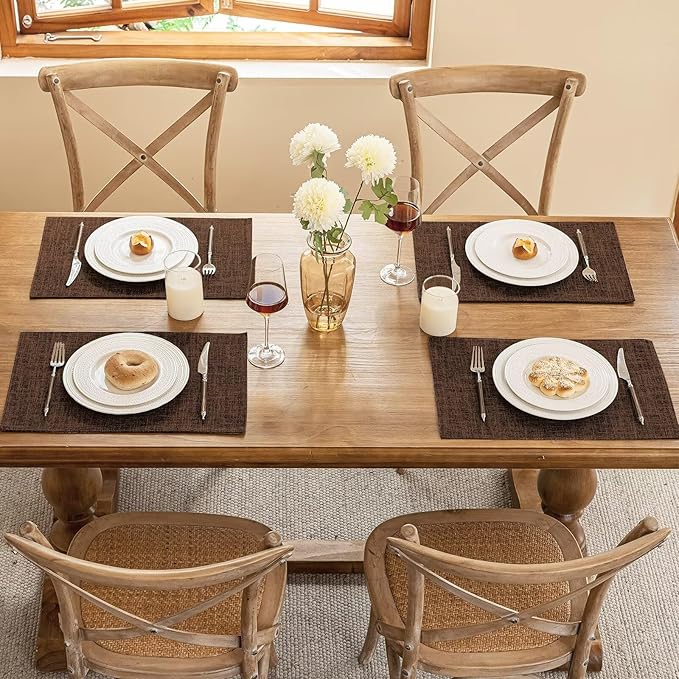 Placemats Set of 4, Dual-Layered Thickened Faux Linen Cloth Place Mats Heat Resistant Machine Washable Wrinkle Free Table Mats Indoor/Outdoor (Brown)